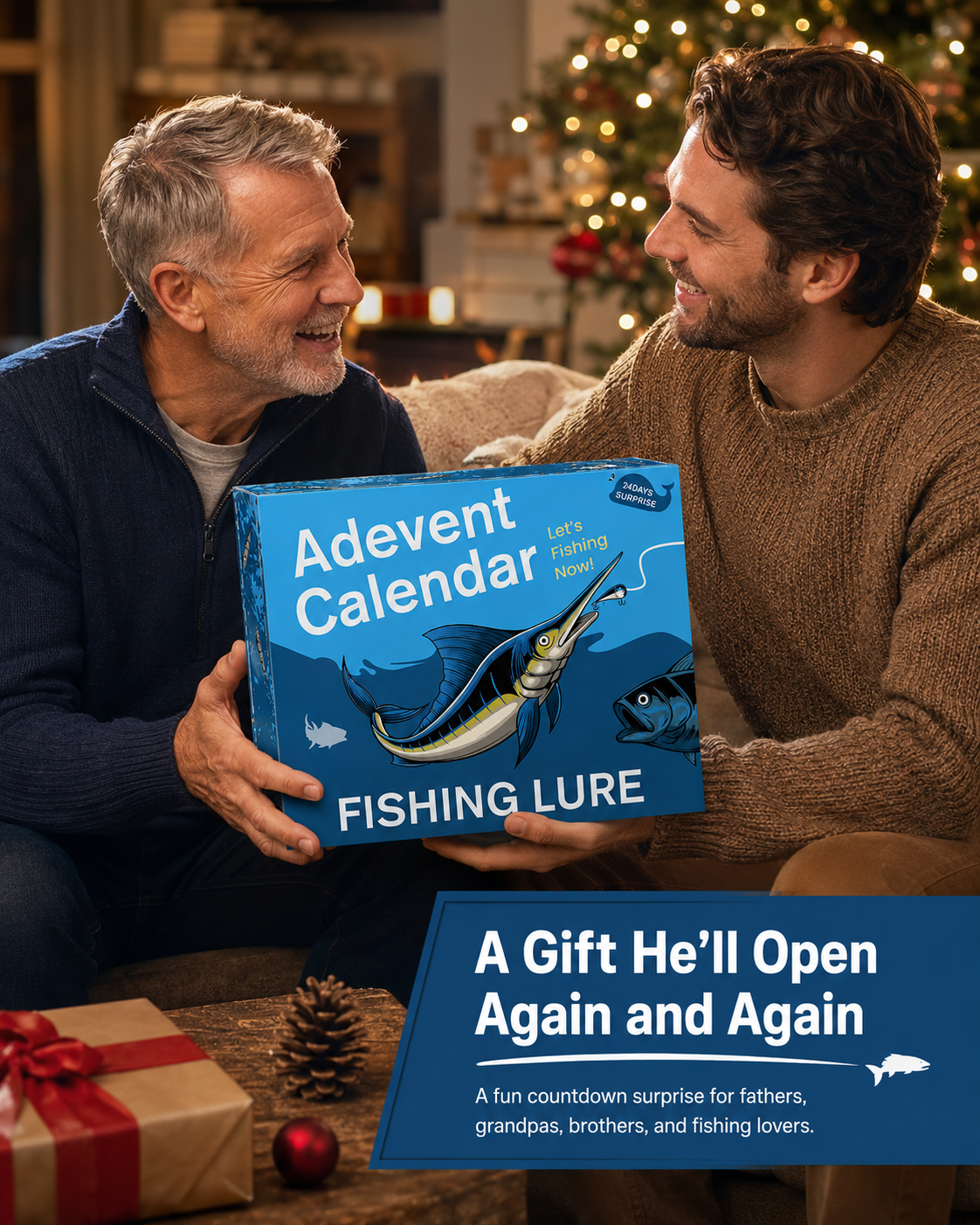 Fishing advent calendar Christmas gift scene