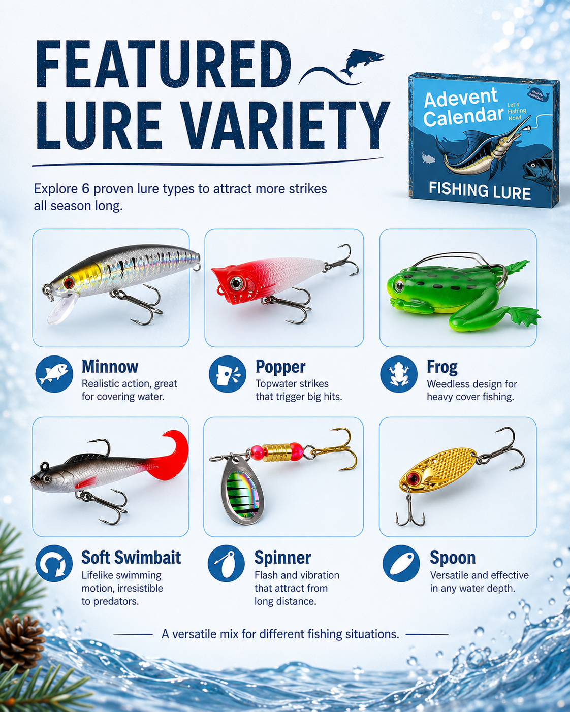 Featured minnow, popper, frog, soft swimbait, spinner and spoon lures