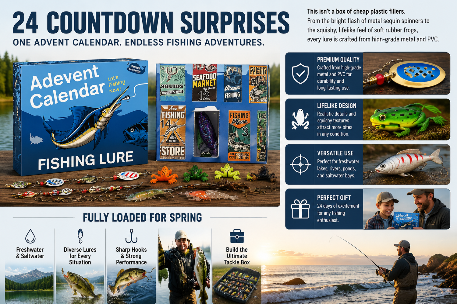 Open fishing advent calendar with numbered compartments