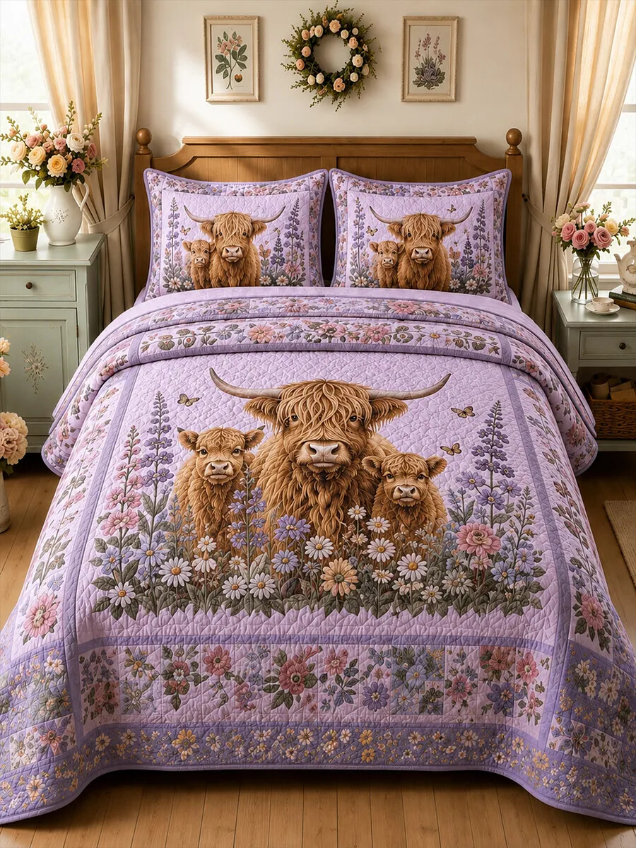 Garden Highland Cow Gathering 3-Piece Quilted Bedding Set
