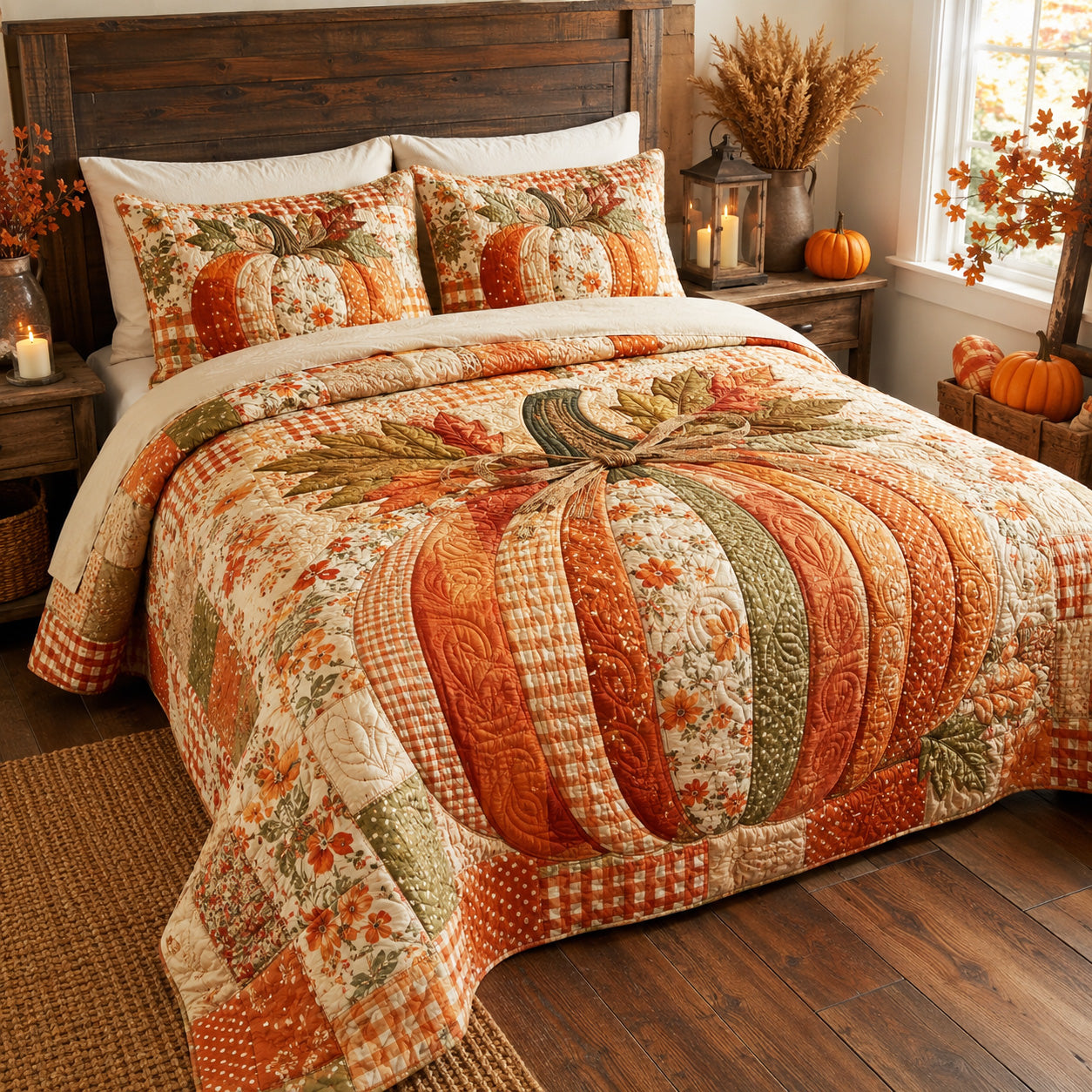 Autumn Pumpkin Patchwork Quilt Vintage Harvest Bedspread Set