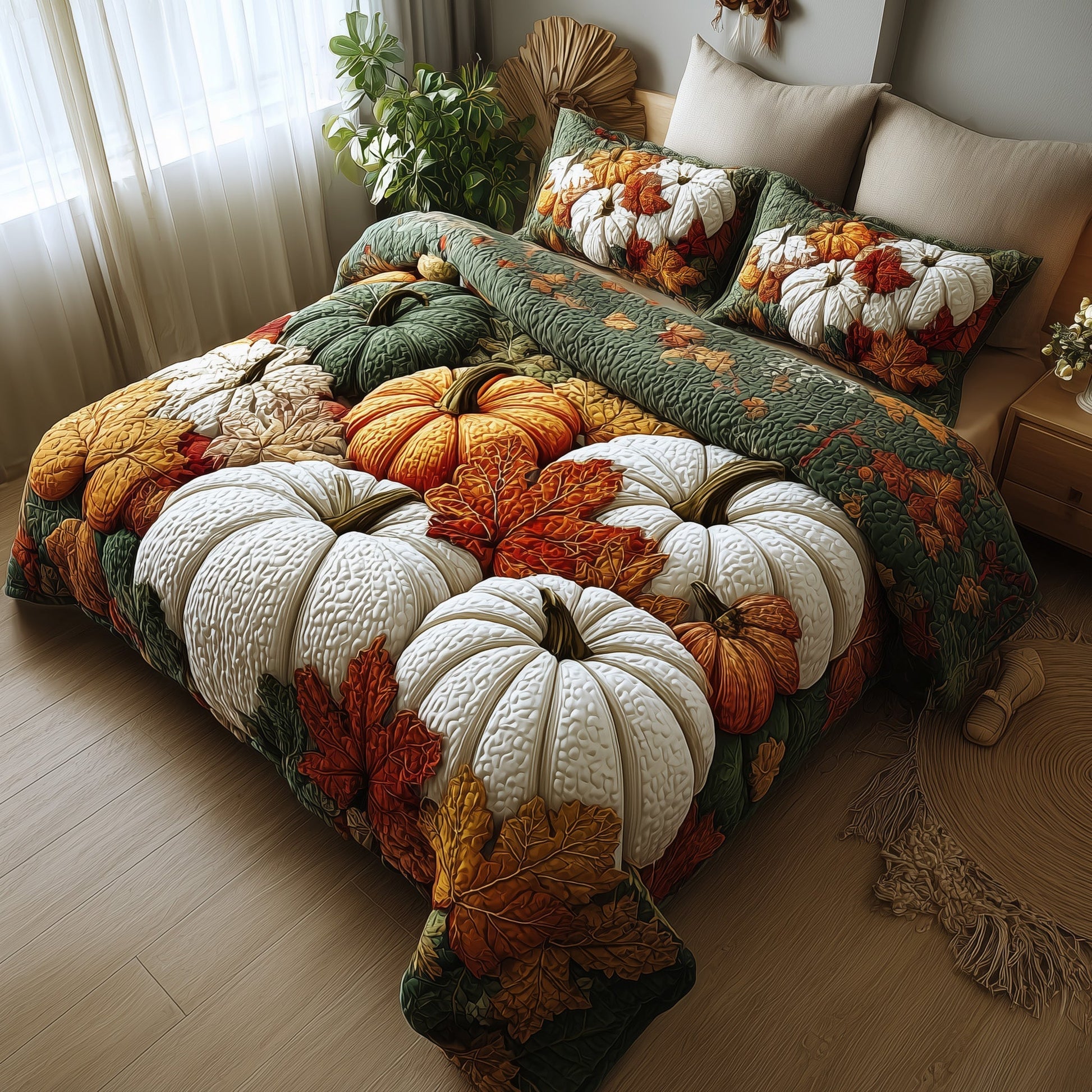 Vintage Pumpkin Maple Patchwork Quilt Fall Bedding Set