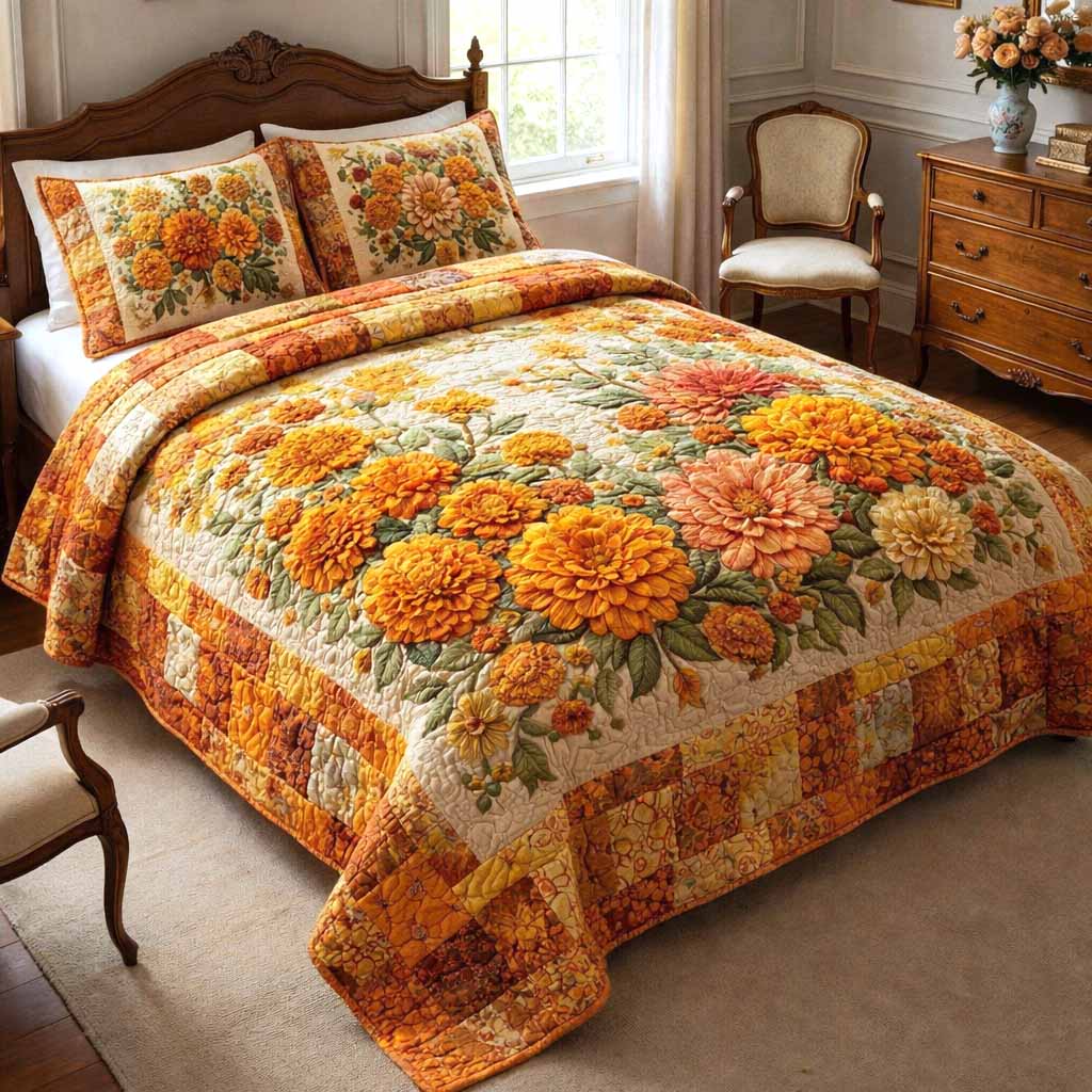 Autumn Orange Dahlia Quilt Vintage Patchwork Bedding Set