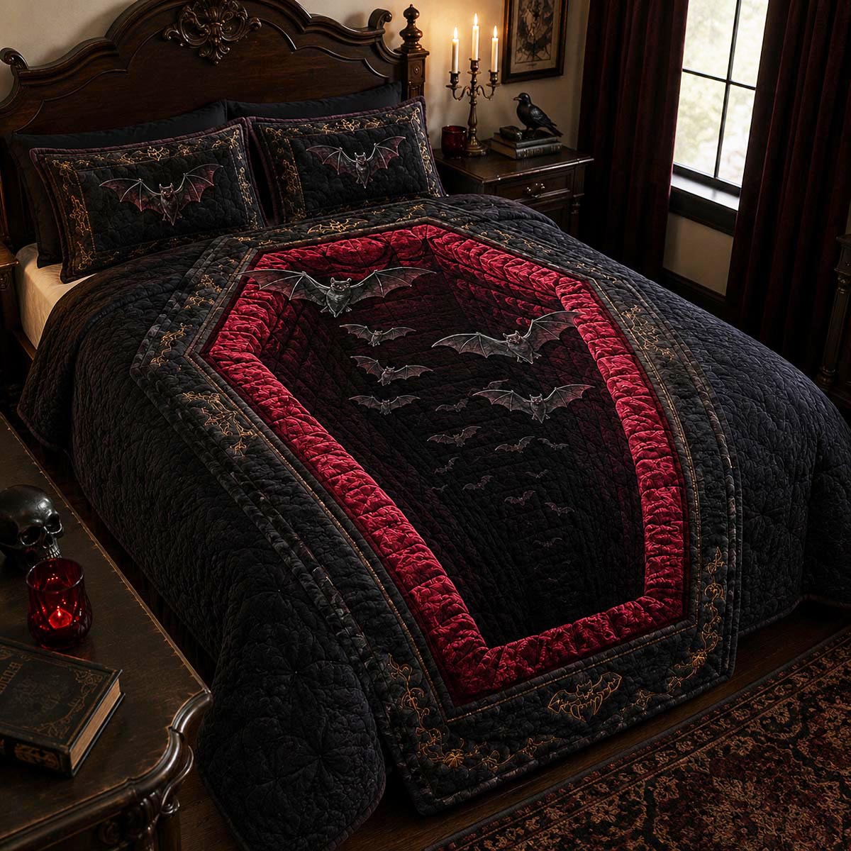 Gothic Bat Coffin Quilt Dark Vintage Halloween Bedding Set