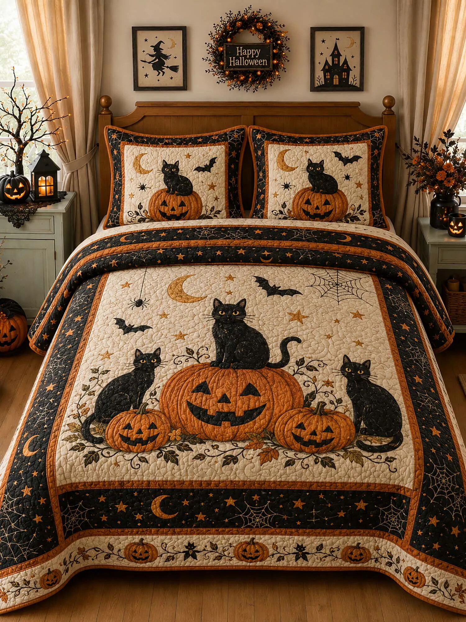Halloween Black Cat Pumpkin Quilt Vintage Fall Bedding Set