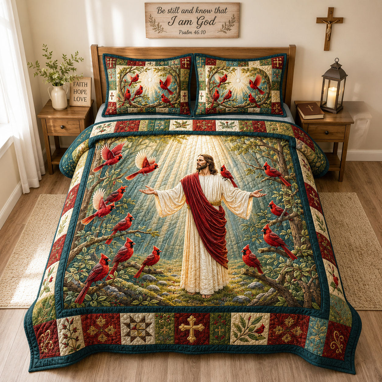 Jesus & Red Cardinal Quilt Christian Vintage Patchwork Bedding Set