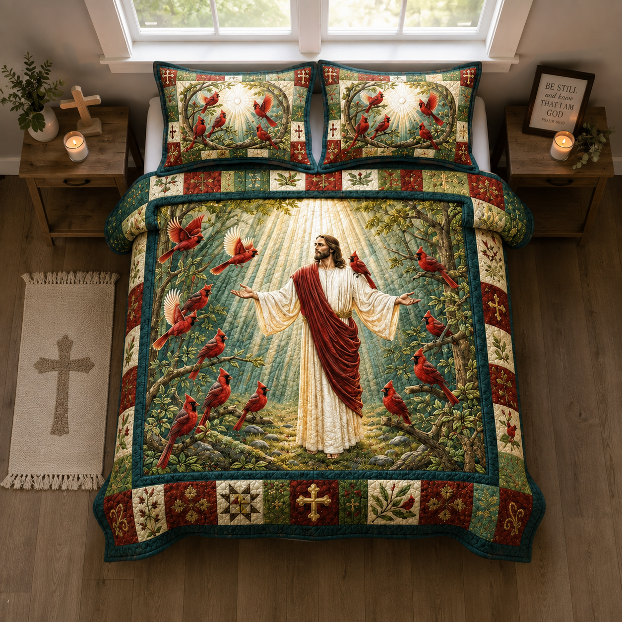Jesus & Red Cardinal Quilt Christian Vintage Patchwork Bedding Set