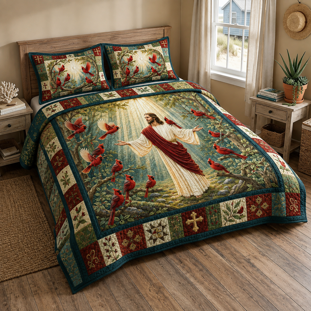 Jesus & Red Cardinal Quilt Christian Vintage Patchwork Bedding Set
