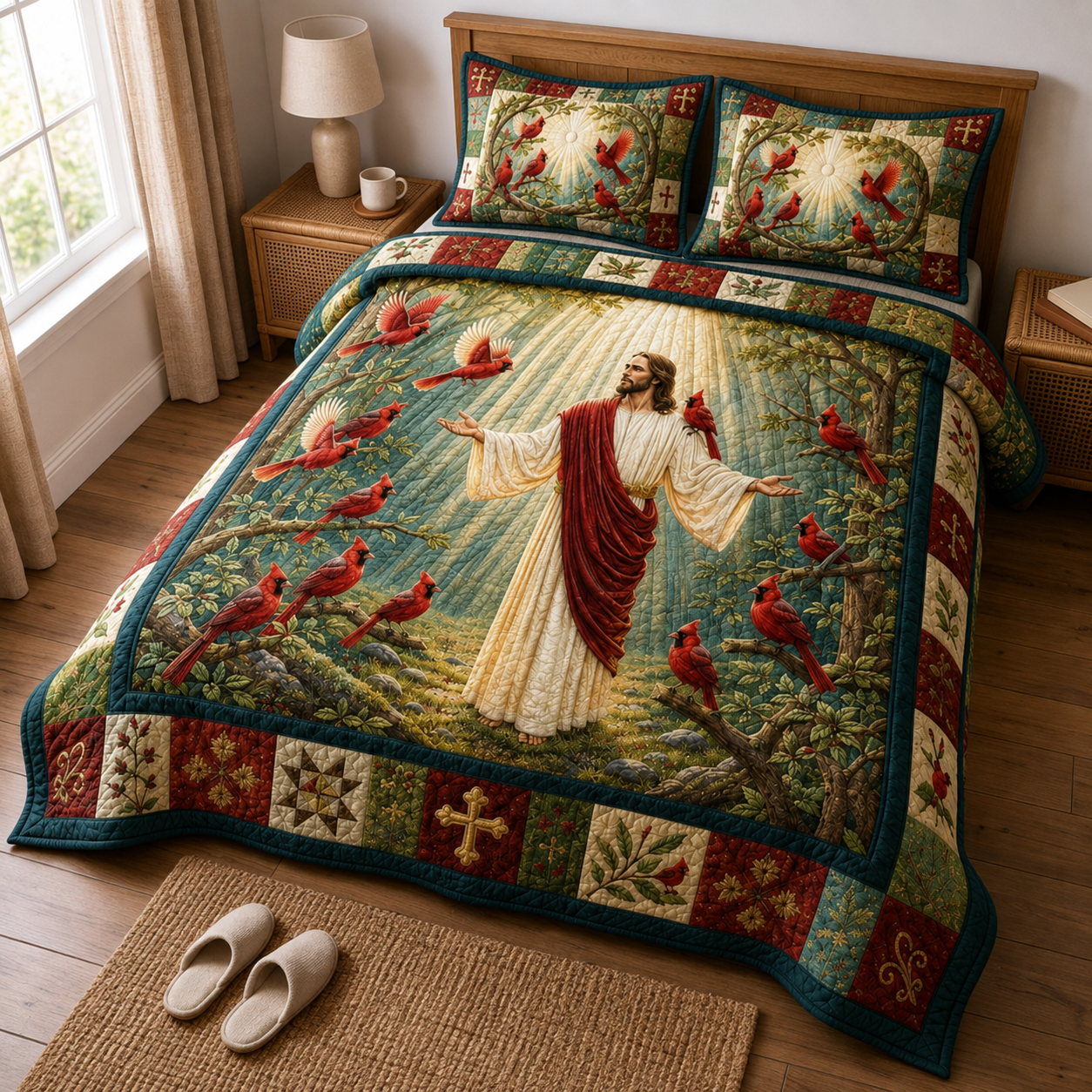 Jesus & Red Cardinal Quilt Christian Vintage Patchwork Bedding Set