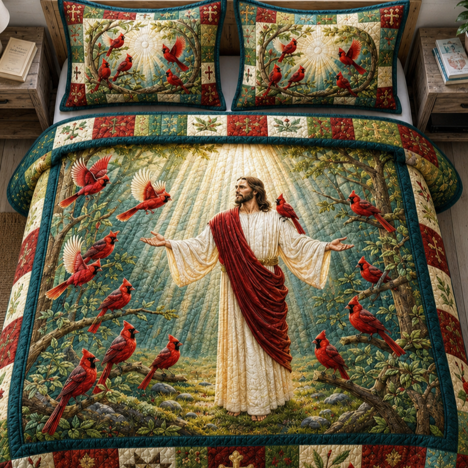 Jesus & Red Cardinal Quilt Christian Vintage Patchwork Bedding Set