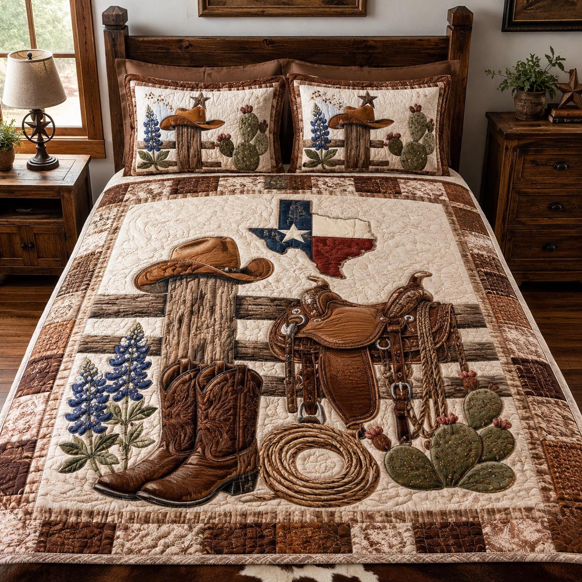 American Western Cowboy Quilt Texas Map Cactus Bedspread
