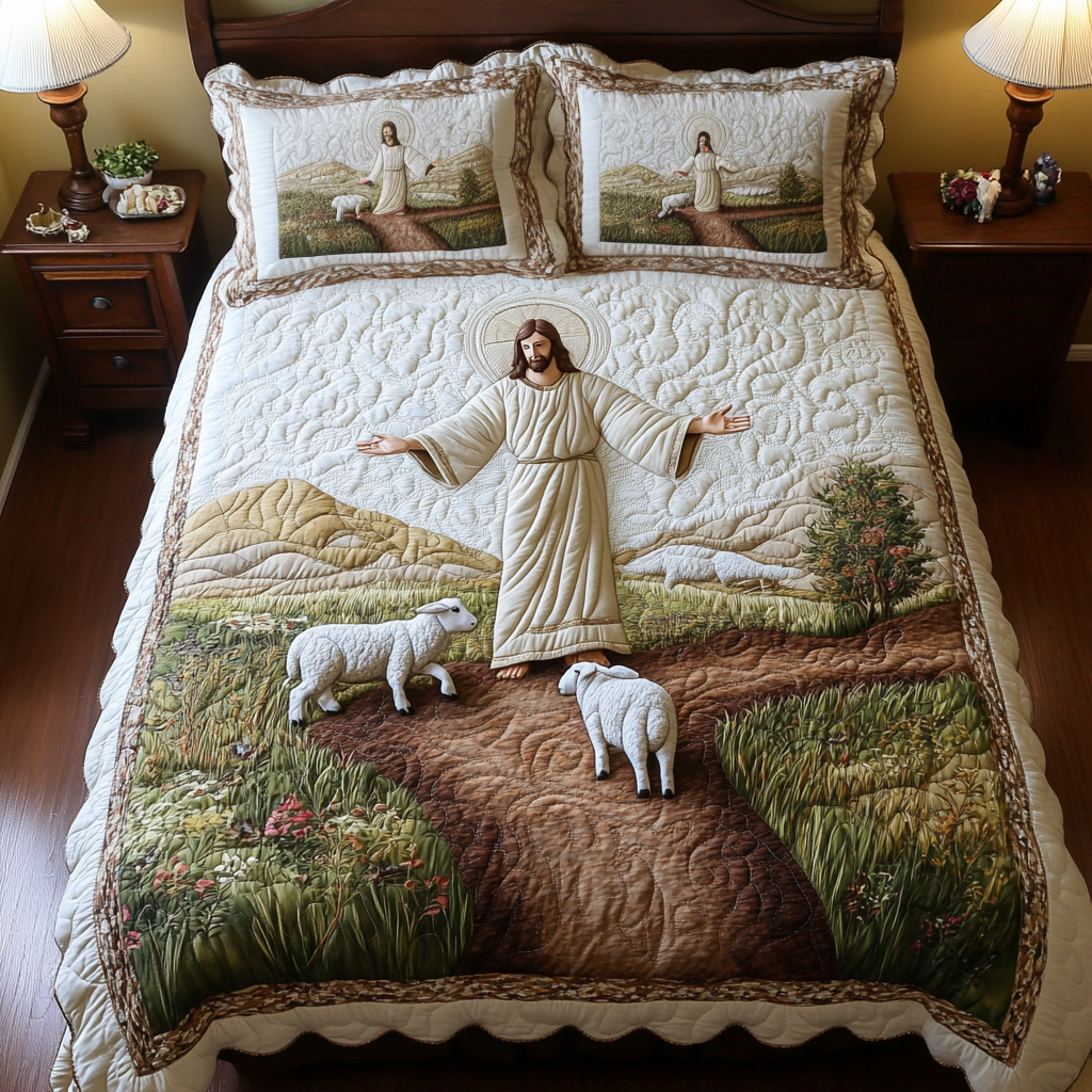 Jesus The Good Shepherd Quilt Christian Pastoral Religious Bedding Set