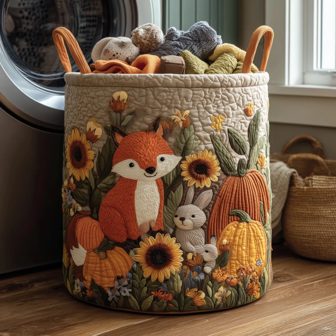 Autumn Spirit Quilted Laundry Basket, Large Capacity Round Hamper with 3D Embroidered Fox, Bunny, Pumpkin & Sunflower Fall Harvest Design