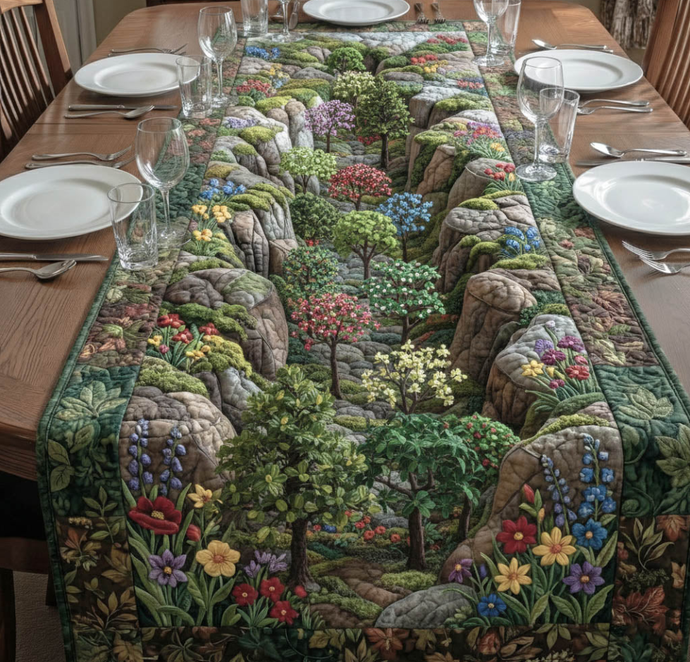 Blooming Forest Quilted Table Runner Floral Forest Pattern Dining Table Flag for Home Decor | forest
