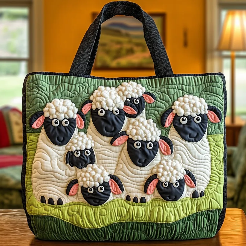 Fields of Gentle Wool — 3D Sheep Family Quilted Tote Bag ✨