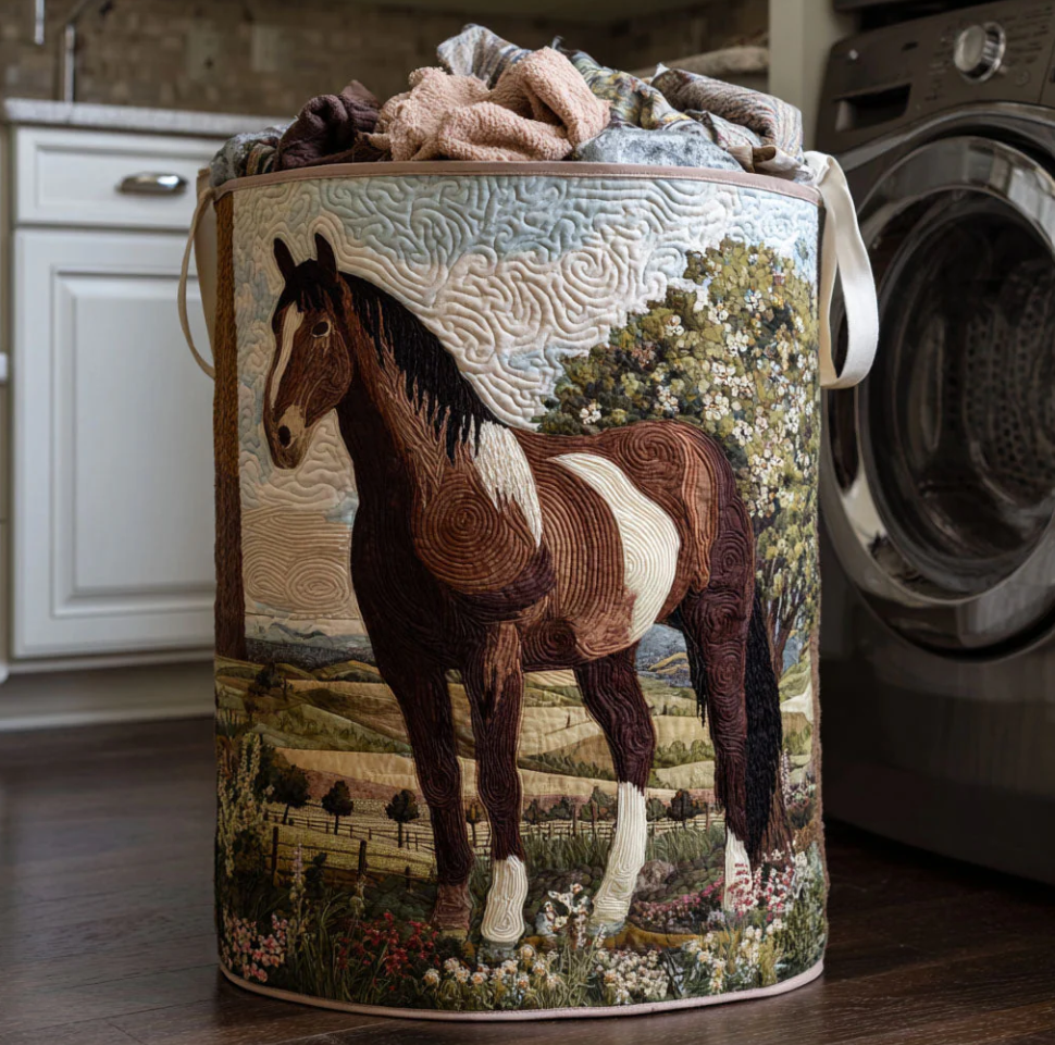 Artistic Galloping Horse Pattern Quilted Laundry Basket Eco-Friendly Machine Washable Storage Bin for Home Rustic Countryside Decor Organization | Horse