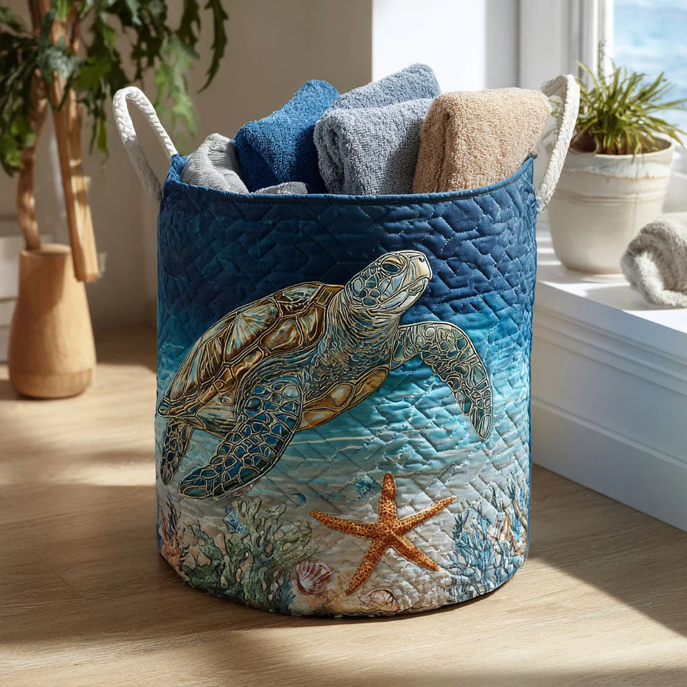 Turtle and Ocean Quilted Laundry Basket