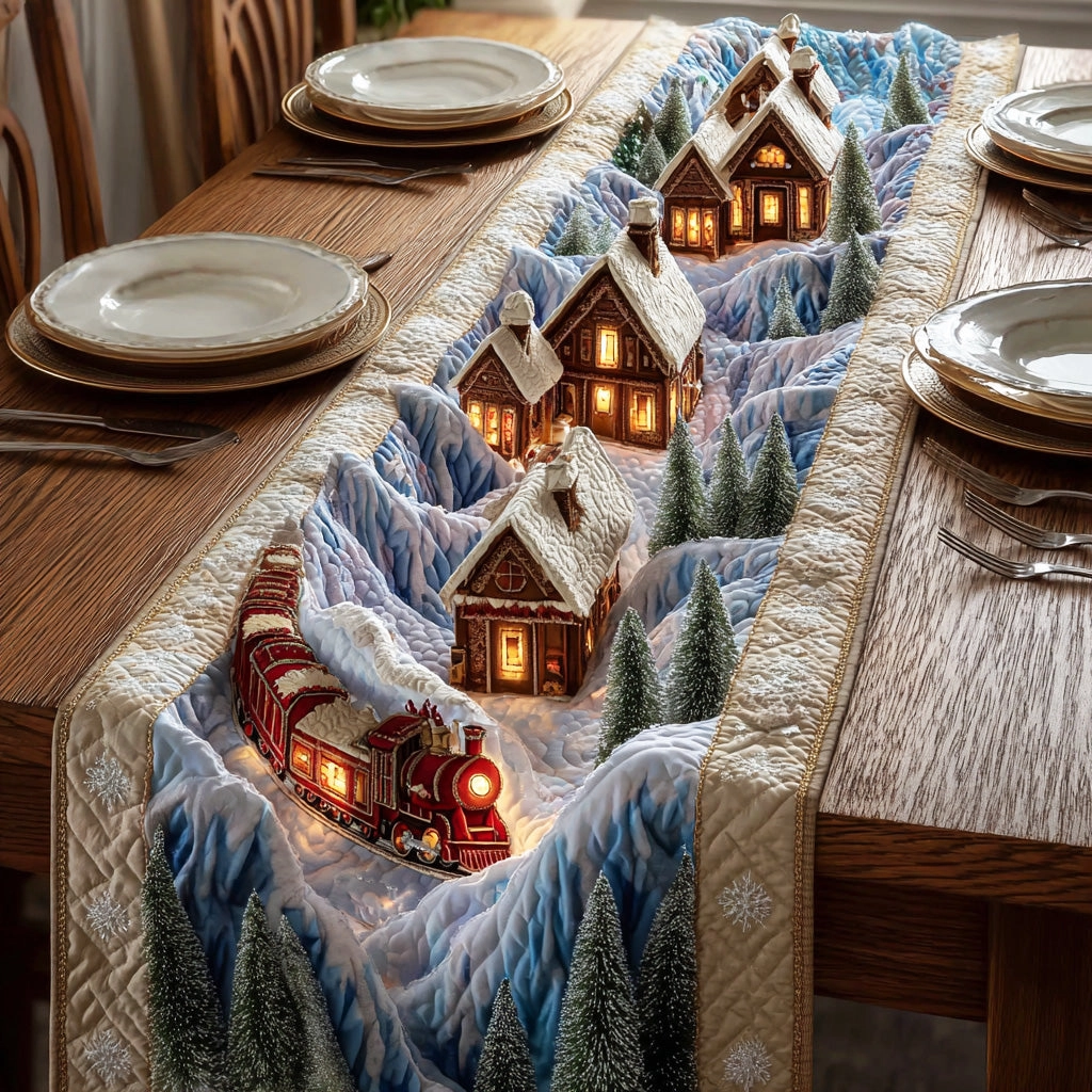 Winter Valley Lantern Village Quilted Table Runner 🚂🏔️🏠✨