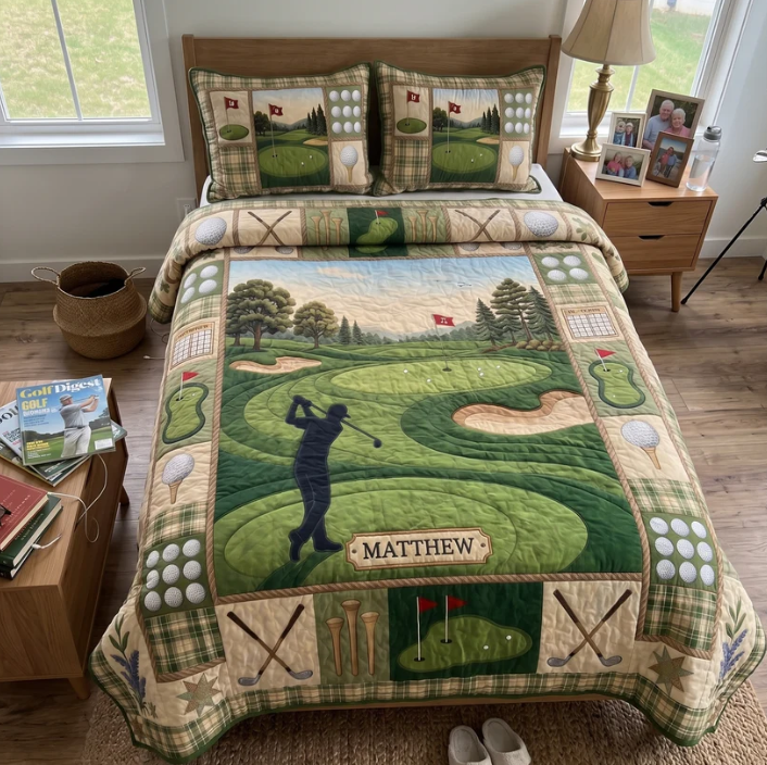 Golfer Golf Course 3-Piece Quilted Bedding Set