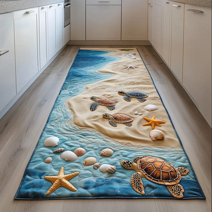 Elegant Coastal Style Ocean Turtle & Exquisite Seashell Pattern Quilted Runner Rug | Luxe Nautical Home Accent | For Dining Room Hallway | Turtle