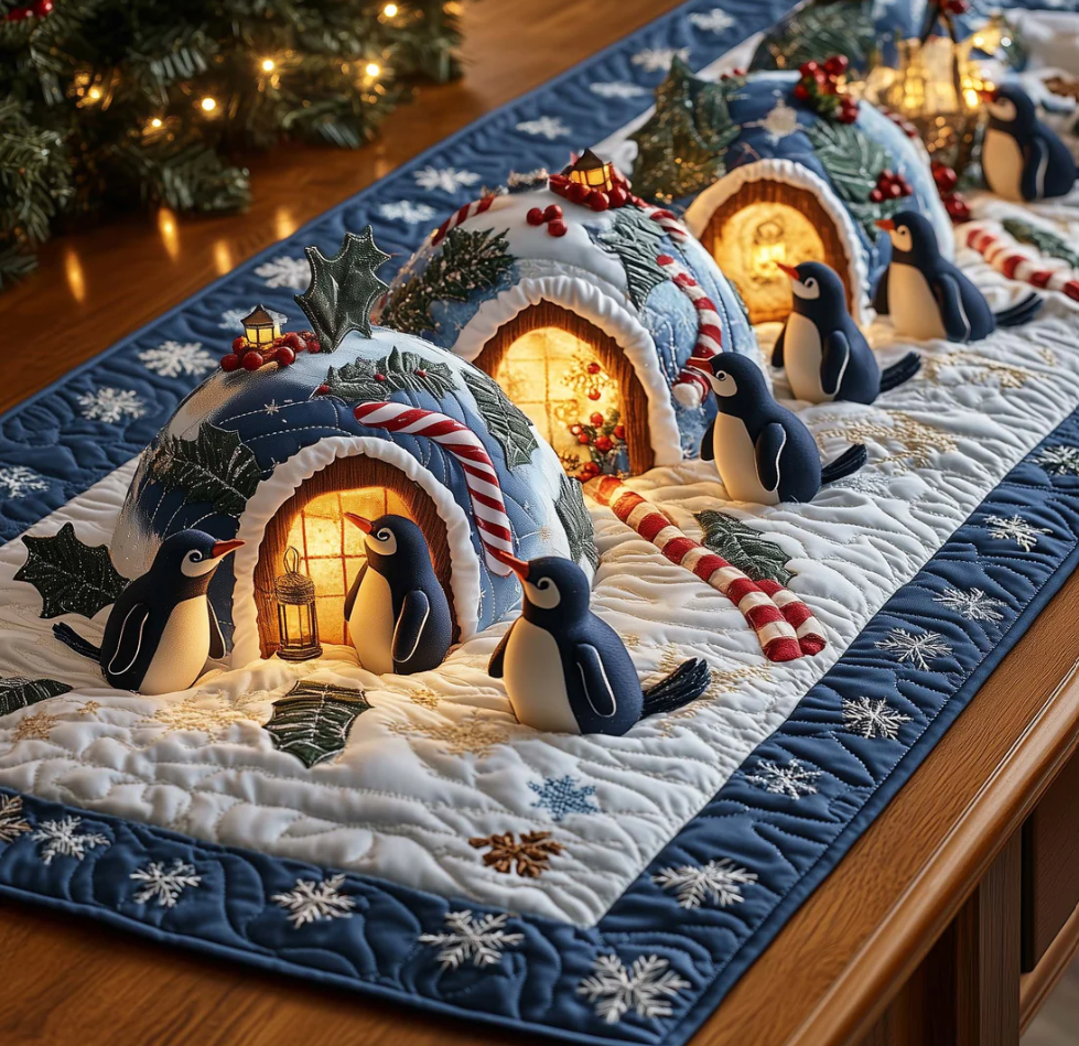 Cute Penguin & Igloo Pattern Eco-Friendly Handcrafted Quilted Table Runner | Penguin