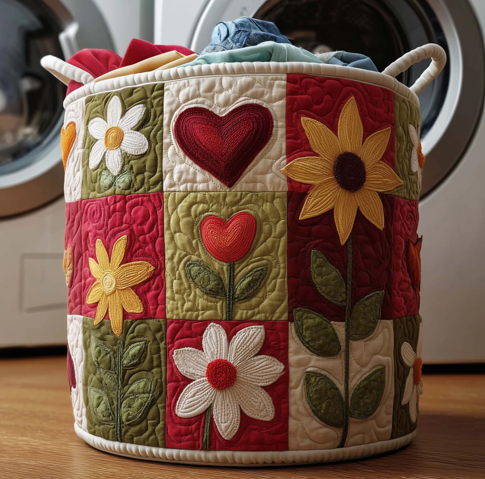 Romantic Floral Heart Patchwork Pattern Quilted Laundry Basket Eco-Friendly Machine Washable Storage Organizer for Home Bedroom Decor | Heart