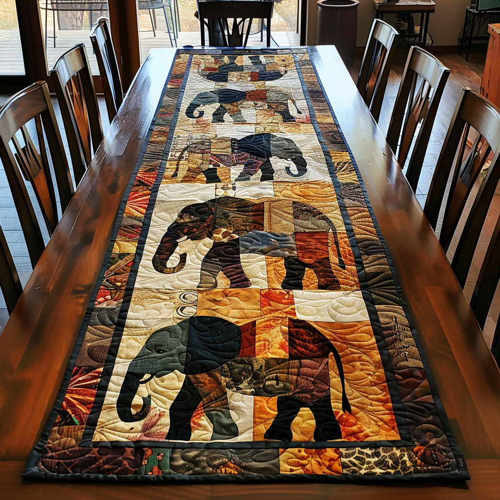 Safari Patchwork Elephants Quilted Table Runner 🐘🌅✨