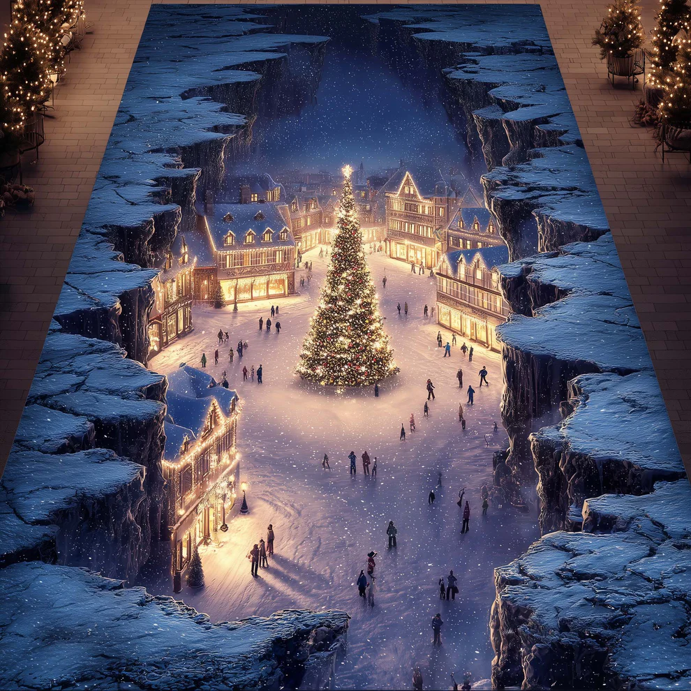 Enchanting Christmas Town Runner Rug with Snow-Covered Cottages & Sparkling Snowfall Pattern | Christmas Town