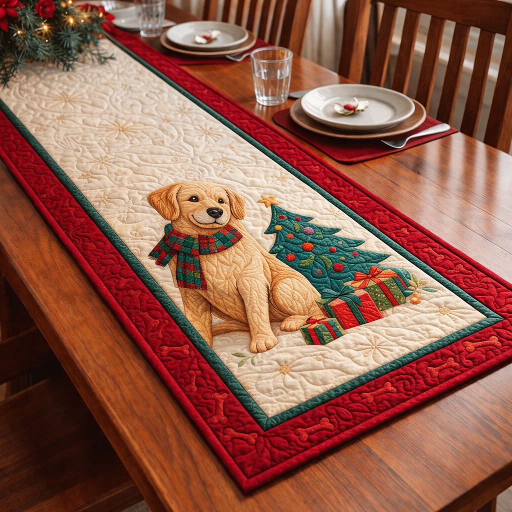 Christmas Puppy Quilted Table Runner – Holiday Dog & Tree Design