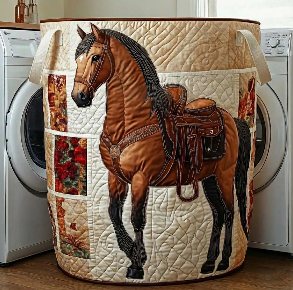 Rustic Western Horse & Saddle Pattern Quilted Laundry Basket Eco-Friendly Machine Washable Storage Bin for Home Ranch Style Decor Organization | Horse