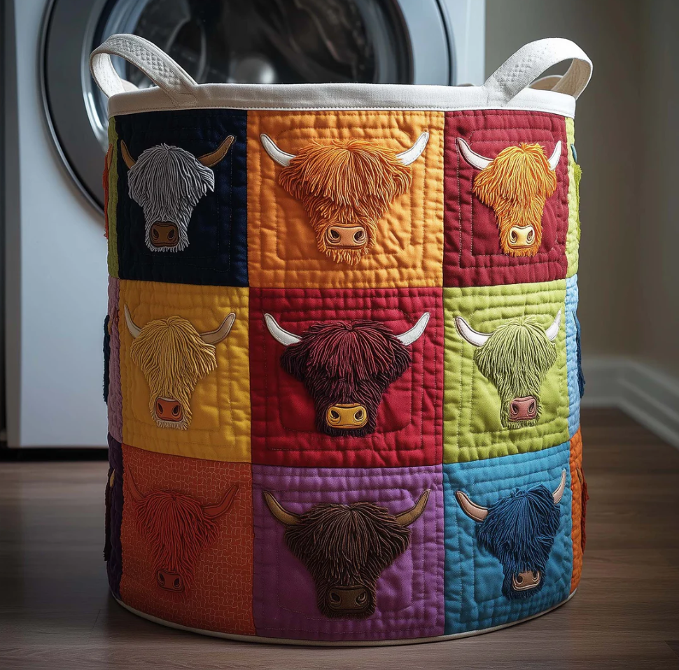 Charming Highland Cow Patchwork Pattern Quilted Laundry Basket Eco-Friendly Machine Washable Storage Bin for Home Farmhouse Decor Organization | Cow
