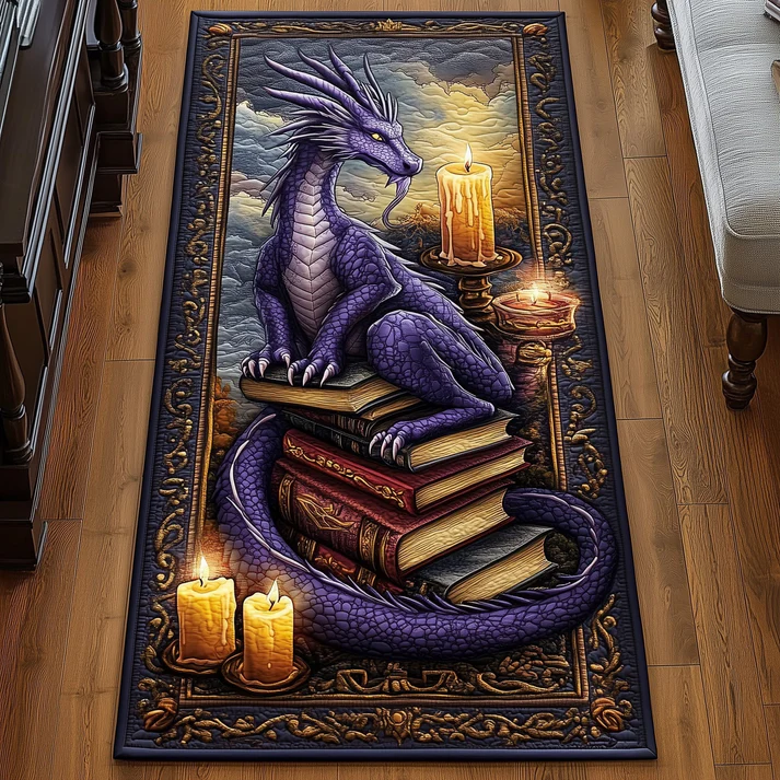 Medieval Epic Style  Dragon & Ancient Book Array Pattern Quilted Runner Rug with Vintage Distressed Texture | Dragon