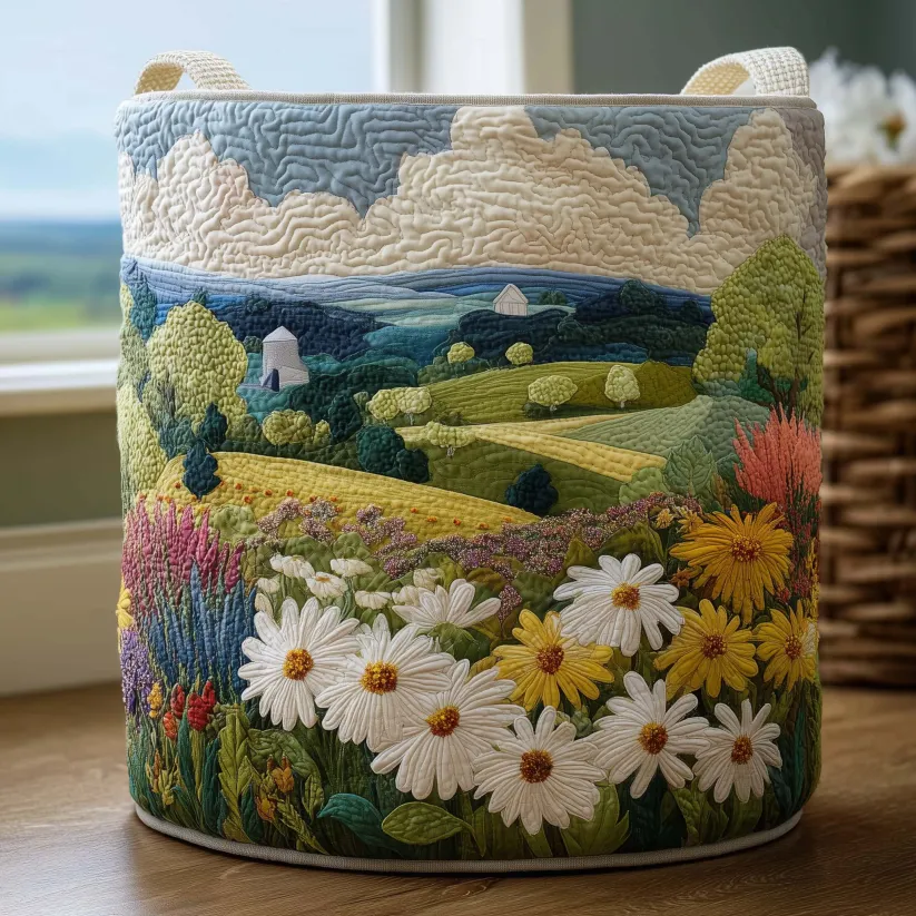 Natural Scenery and Floral Quilted Laundry Basket