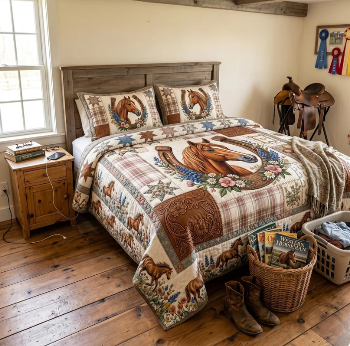 Western Horse Horseshoe 3-Piece Quilted Bedding Set