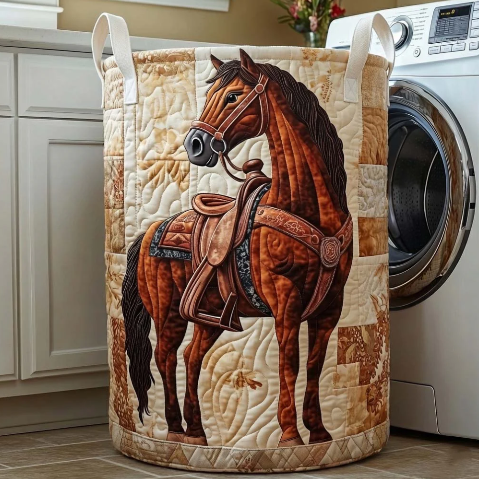 Rustic Western Horse & Saddle Pattern Quilted Laundry Basket Eco-Friendly Machine Washable Storage Bin for Home Ranch Style Decor Organization | Horse