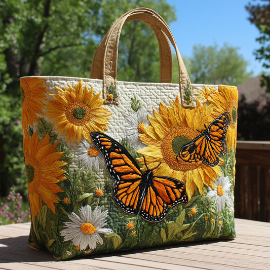 Sunlit Dance — Sunflowers & Monarch Butterflies Quilted Tote Bag 🌼🦋