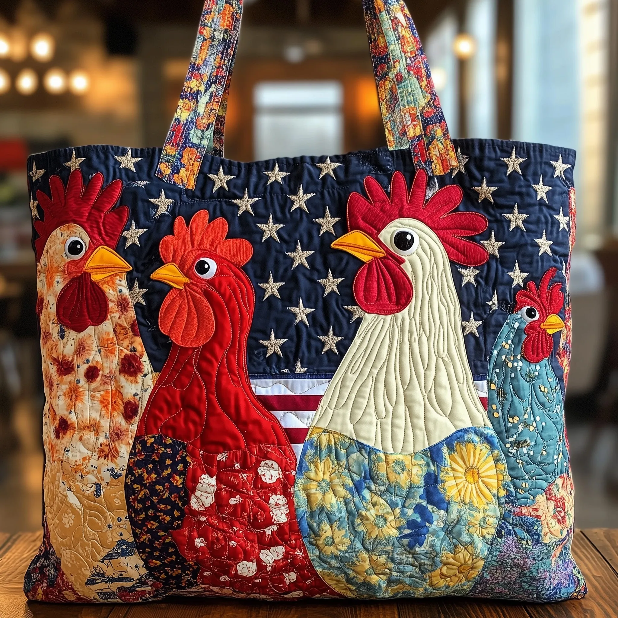 Stars, Stripes & Feathered Pride — 3D Patriotic Rooster Quilted Tote Bag ✨