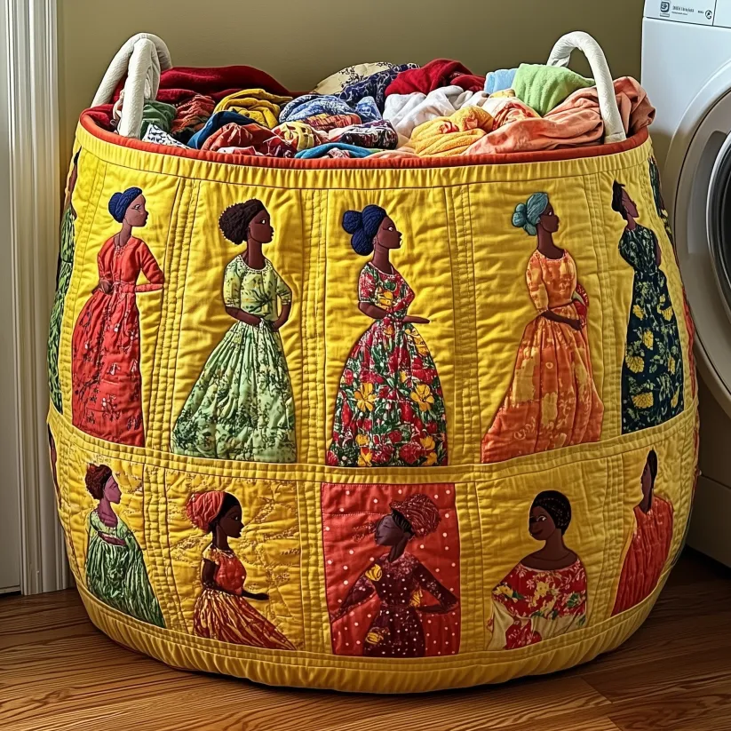 Artistic Collage Tribal Style African Traditional Attire Women Patchwork Pattern Soulbound Roots Quilted Laundry Basket