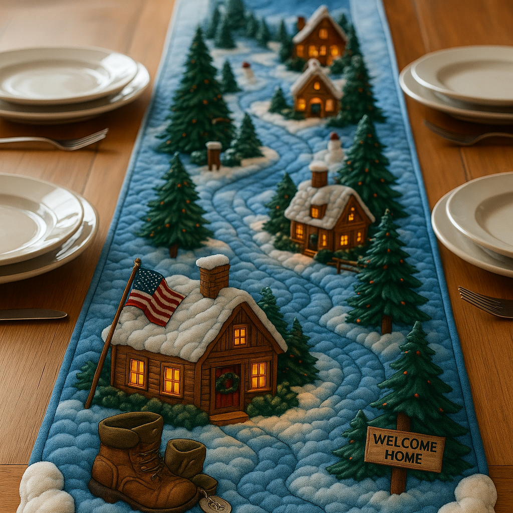 Welcome Home Veteran Winter Village Quilted Table Runner 🇺🇸❄️