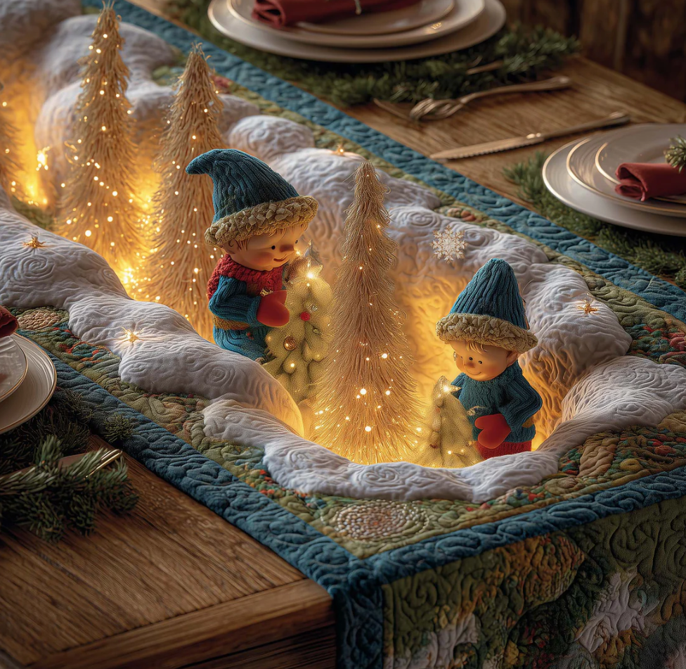 Winter Elf Giggling Quilted Table Runner - Eco-Friendly & Machine Washable | Elf