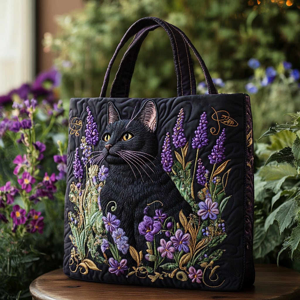 Black Cat & Lavender Garden Quilted Tote –  Embroidered Bag