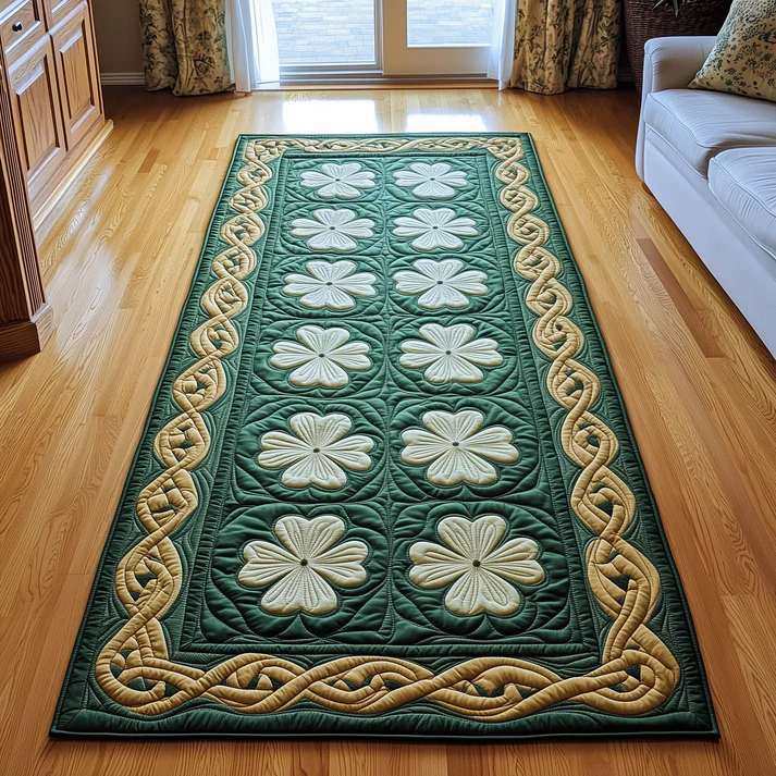 Fresh Farmhouse Style Irish Shamrock & Ombre Green Pattern Quilted Runner Rug with Cozy Rustic Decor | Irish Shamrock