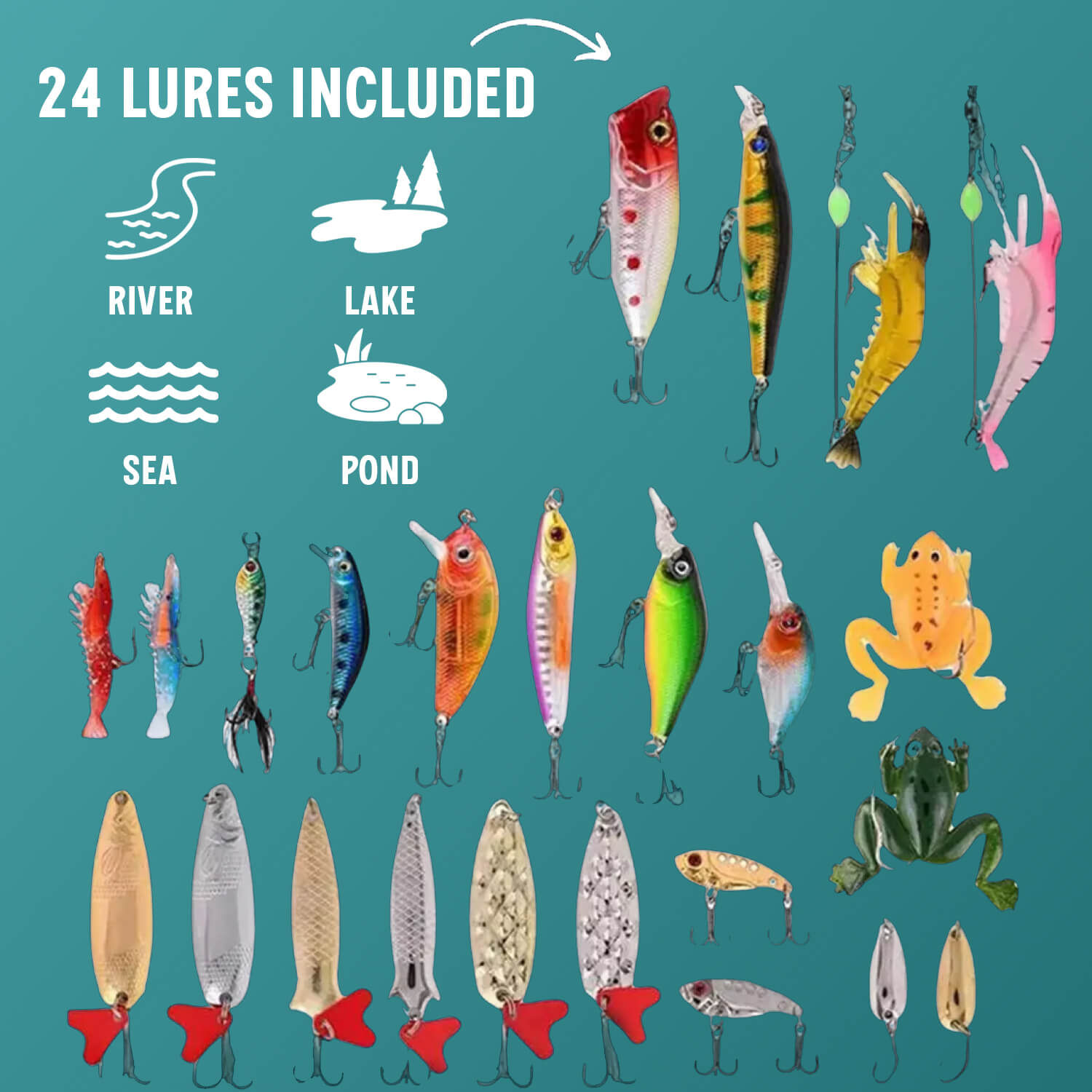 Assortment of 24 fishing lures for river lake pond and sea fishing