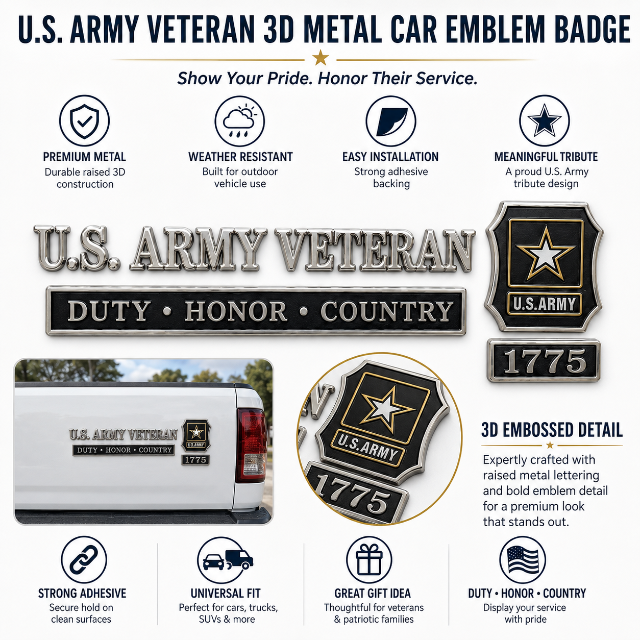 U.S. Army Veteran Duty Honor Country Car Emblem Metal Badge