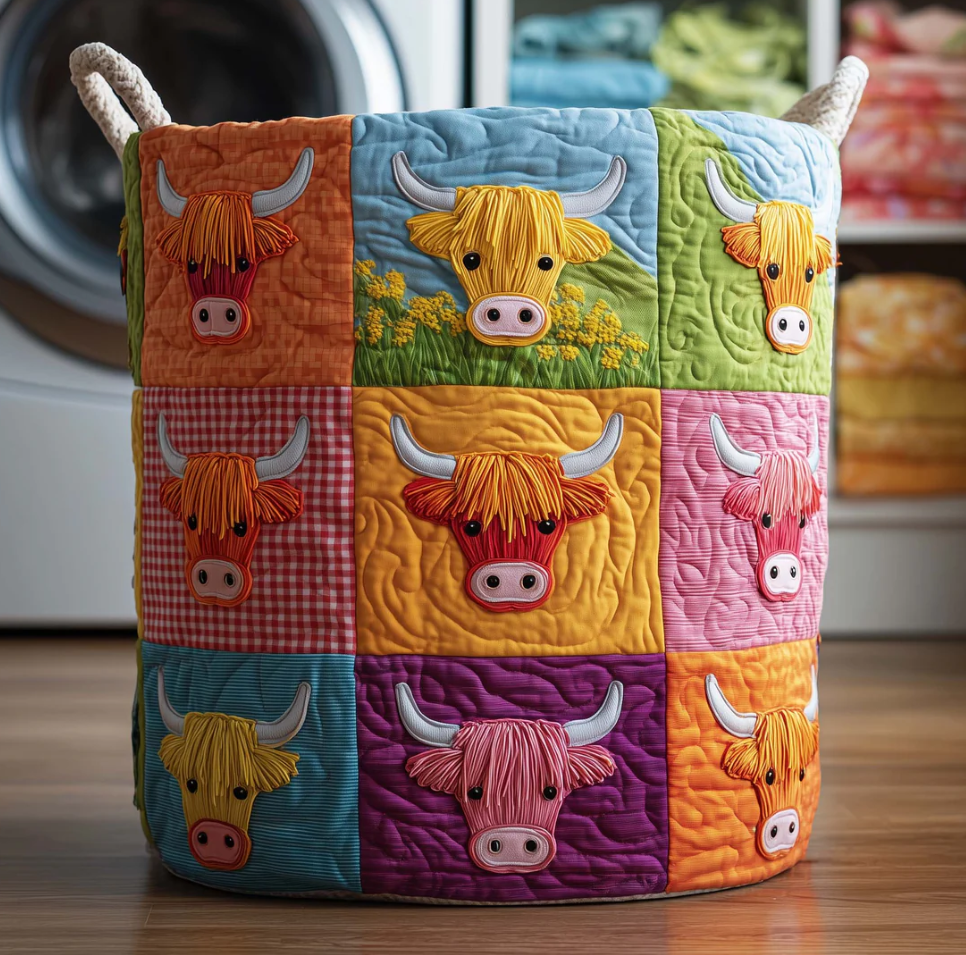 Charming Highland Cow Patchwork Pattern Quilted Laundry Basket Eco-Friendly Machine Washable Storage Bin for Home Farmhouse Decor Organization | Cow