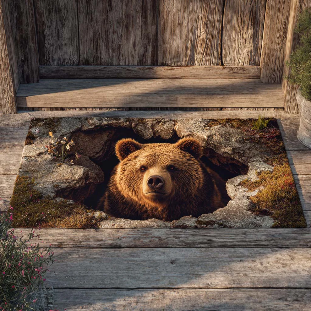 Hardcore 3D Natural Realism Style Lifelike Bear Face & Cracked Concrete Pattern Bear Doormat with Textured Weave & Outdoor Safe | Bear Doormat