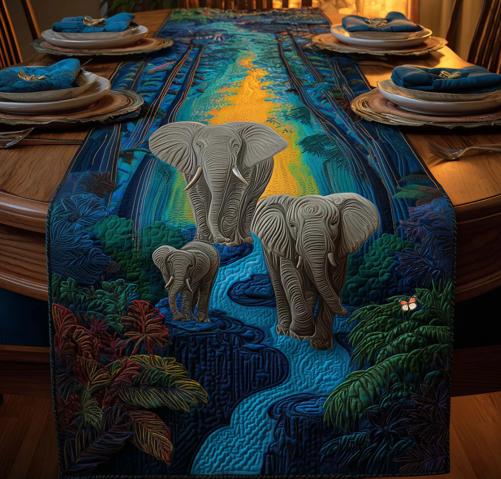 Forest Giant Quilted Table Runner Elephant Family Pattern Dining Table Flag for Home Decor | Elephant