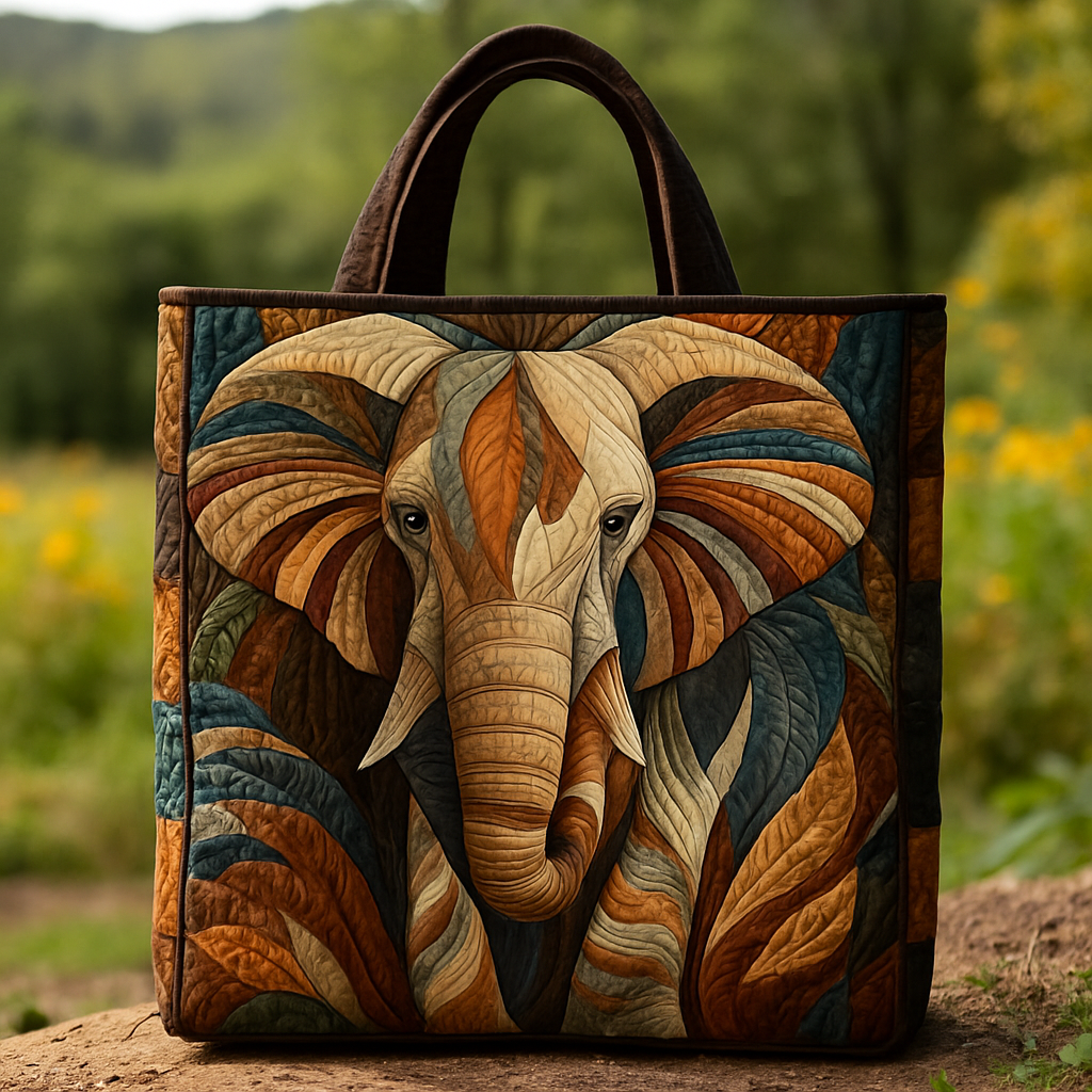 Wild Harmony Elephant Quilted Tote Bag – 3D Embroidery Art