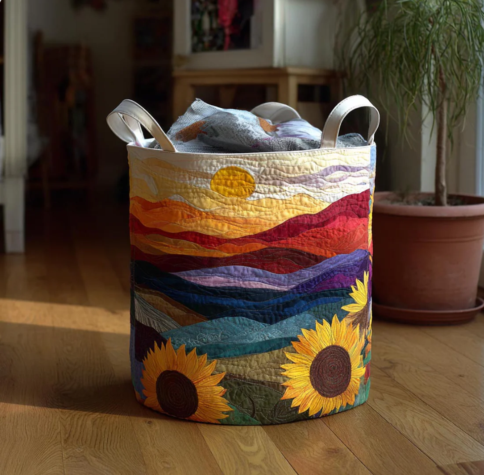 Vivid Sunflower Floral Pattern Quilted Laundry Basket Eco-Friendly Machine Washable Storage Bin for Home Farmhouse Living Room Decor | Sunflower