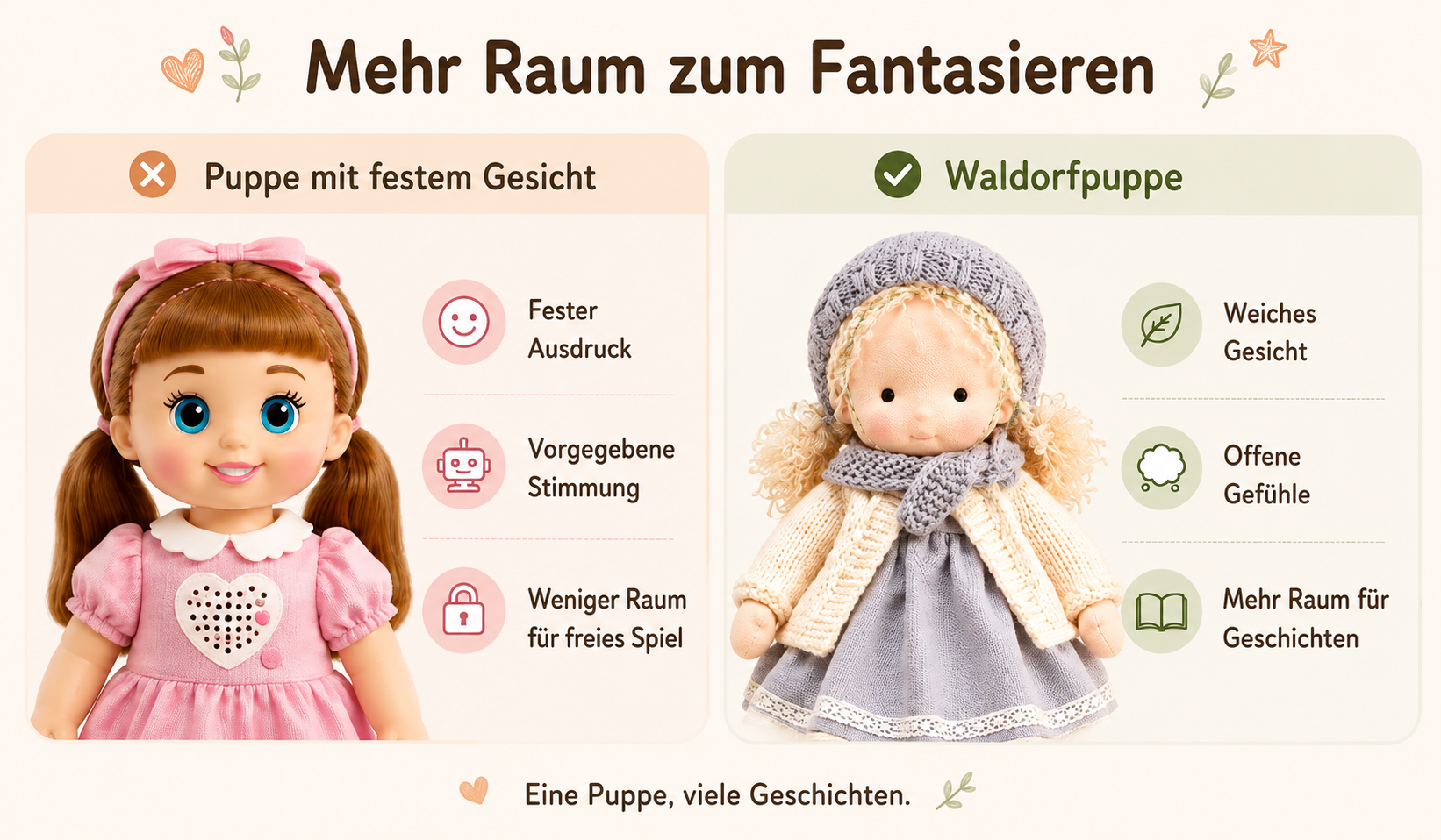Vorgeschlagenes Bild: einfache Darstellung zum Vergleich einer elektronischen Puppe mit festem Gesichtsausdruck und Serenditys sanft angedeutetem, neutralem Gesicht
